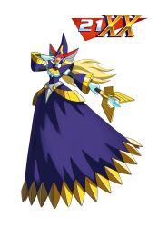 Rule 34 | 1girl, android, armor, armored dress, berkana (mega man), blonde hair, blue eyes, breasts, chest jewel, commentary, dress, english commentary, forehead jewel, full body, gloves, hands up, hat, helmet, highres, holding, holding staff, holding weapon, jewelry, large breasts, laughing, logo, long dress, long hair, long sleeves, looking at viewer, mature female, mega man (series), mega man x (series), mega man xtreme 2, open mouth, purple armor, purple hat, robot ears, robot girl, shoulder armor, simple background, solo, sprinqgueen, staff, teeth, upper teeth only, weapon, white background, white gloves, wide sleeves, witch, witch hat
