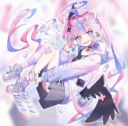 Rule 34 | 1girl, @ @, ahoge, angel wings, asymmetrical legwear, bandaid, bandaid on knee, bandaid on leg, black choker, black shirt, black skirt, black tank top, black wings, blue hair, blurry, blurry background, blush, choker, cross, cross hair ornament, crossed bandaids, ear piercing, emocosine, fang, feathered wings, floating, from side, full body, grey skirt, hair ornament, hairclip, halo, hand up, heart, heart hair ornament, highres, hood, hood down, hooded jacket, hoodie, jacket, jewelry, knees up, long hair, long sleeves, looking at viewer, low wings, multicolored hair, multiple wings, nail polish, official art, open mouth, phone, piercing, pill, pink eyes, pink hair, pink jacket, pink nails, pleated skirt, puffy long sleeves, puffy sleeves, pulling off legwear, purple eyes, ringed eyes, shirt, shoes, sitting, skin fang, skirt, smile, sneakers, socks, solo, striped clothes, tank top, twintails, very long hair, w, wagashi928, wavy mouth, white jacket, white wings, wings, x hair ornament
