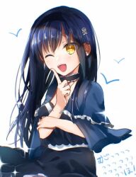 1girl 2020 ;d black_camisole black_choker black_hair black_hairband black_skirt blue_capelet blush bone_hair_ornament camisole capelet choker commentary_request cowboy_shot dated_commentary frilled_capelet frilled_choker frills hair_ornament hairband hand_up happy index_finger_raised kushima_kamome long_hair looking_at_viewer one_eye_closed open_mouth ringed_eyes simple_background skirt skull_and_crossbones skull_hair_ornament smile solo sparkle straight_hair summer_pockets teeth translated upper_teeth_only very_long_hair white_background yellow_eyes zuzuhashi
