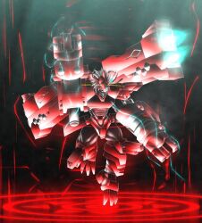Rule 34 | a10thunderboit, arm cannon, armor, black background, blitzgreymon, cyborg, digimon, digimon adventure: (2020), dragon, electricity, glowing, glowing eyes, helmet, highres, mechanical wings, red armor, red helmet, short hair, simple background, vernier thrusters, weapon, white hair, wings, yellow eyes
