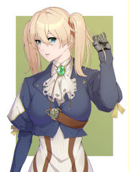 1girl alternate_hairstyle blonde_hair blue_eyes blue_jacket breasts brooch commentary dress hair_ribbon hand_up highres holding holding_own_hair jacket jewelry juliet_sleeves long_sleeves looking_at_viewer medium_breasts medium_hair neckerchief parted_lips prosthesis prosthetic_hand puffy_sleeves red_ribbon ribbon solo twintails upper_body violet_evergarden violet_evergarden_(series) wakagon0727 white_dress
