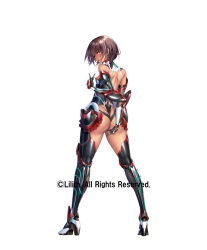 1girl aoi_nagisa_(metalder) ass black_leotard blush breasts breasts_out brown_hair copyright_name curvy dark_skin fishnets flat_chest grabbing_own_ass highres huge_ass impossible_clothes impossible_leotard leotard lilith-soft looking_at_viewer looking_back mizuki_yukikaze mizuki_yukikaze_(future) moaning nipple_stimulation nipples open_mouth pink_eyes revealing_clothes shiny_clothes shiny_skin short_hair simple_background skin_tight skindentation smile solo standing sweat taimanin_(series) taimanin_rpgx taimanin_suit taimanin_yukikaze thong_leotard torn_clothes torn_leotard white_background wide_hips