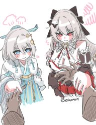 1other 2girls artist_name bat_hair_ornament blue_eyes blush breasts captain_(honkai_impact) chinese_clothes closed_mouth detached_sleeves disembodied_hand dual_persona eria0909 glaring grey_hair hair_between_eyes hair_ornament hair_stick highres holding_hands honkai_(series) honkai_impact_3rd korean_text large_breasts long_hair looking_at_another love_triangle multiple_girls pov pov_hands puff_of_air red_eyes simple_background sketch squiggle theresa_apocalypse theresa_apocalypse_(luna_kindred) theresa_apocalypse_(lunar_vow:_crimson_love) twitter_username v-shaped_eyebrows white_background zhuge_kongming_(honkai_impact)