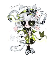 1girl :&lt; animal_ears animal_slippers black_bow black_eyes black_scarf black_skirt black_socks bow braid bright_pupils cat_ears cat_girl cat_tail chibi chibi_only chinese_commentary closed_mouth colored_eyelashes commentary_request commission english_text eyepatch flower flower-shaped_pupils food-themed_hair_ornament green_jacket grey_slippers hair_bow hair_flower hair_ornament hand_puppet heart heart_eyepatch highres jacket jacket_bow long_sleeves maid_headdress medium_hair open_clothes open_jacket original puppet rabbit_hair_ornament scarf shirt simple_background skirt slippers socks solo strawberry_hair_ornament striped_clothes striped_scarf stuffed_animal stuffed_toy symbol-shaped_pupils tail tail_bow tail_ornament teddy_bear thank_you twin_braids vihua6 w_arms watermark white_background white_flower white_hair white_pupils white_shirt