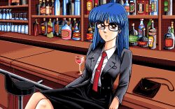 1990s_(style) 1995 1girl blue_eyes blue_hair closed_mouth formal_clothes glasses hoshi_no_suna_monogatari_3 long_hair looking_at_viewer non-web_source pc-98_(style) retro_artstyle shima_(d.o.) sitting