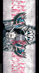 Rule 34 | 1boy, absurdres, alternate form, androgynous, black border, black hair, blade to throat, blue eyes, blunt bangs, border, bow, commentary request, crying, dual persona, grey bow, grey eyes, highres, jiip stomach, kamen rider, kamen rider gavv (series), long hair, looking at viewer, monster boy, multicolored hair, open mouth, sideways, solo, streaming tears, tears, tokkyumanji, translation request, trap, twitter username, two-tone hair, upper body, white background, white hair, wolf boy