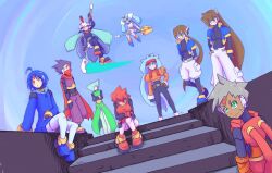 Rule 34 | 4girls, 6+boys, aeolus (mega man), aile (mega man zx), ashe (mega man), atlas (mega man), blue hair, brown hair, crop top, cropped jacket, energy blade, facial mark, forehead mark, green eyes, grey (mega man), grey hair, helmet, high ponytail, highres, light blue hair, light green hair, long hair, mask, mega man (series), mega man zx, mega man zx advent, mouth mask, multiple boys, multiple girls, ninja mask, orange hair, pandora (mega man), ponytail, prometheus (mega man), purple hair, red eyes, scythe, short hair, siarnaq (mega man), tagme, thetis (mega man), vent (mega man)