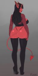 1girl ass black_hair black_lips black_panties boots borrowed_character breasts bridal_gauntlets bustier colored_skin demon_girl demon_tail female_focus fishnets from_behind full_body hands_on_own_hips high_heel_boots high_heels highleg highleg_panties highres horns huge_ass large_breasts lips lipstick live_for_the_funk long_hair long_legs looking_back makeup myserra original panties pink_eyes platform_boots platform_footwear platform_heels pointy_ears red_skin sideboob solo tail the_succubus_sub thick_lips thigh_boots thighhighs thighs thong underwear