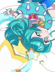 1girl :t antennae aqua_eyes aqua_hair blurry bracelet cure_milky depth_of_field gradient_thighhighs hagoromo_lala hair_ornament highres jewelry kirakira_precure_a_la_mode looking_at_viewer medium_hair pout precure puffy_short_sleeves puffy_shorts puffy_sleeves see-through_clothes see-through_sleeves shirako_love shooting_star_hair_ornament short_sleeves shorts simple_background single_thighhigh solo star_(symbol) star_hair_ornament star_in_eye symbol_in_eye thighhighs upside-down v-shaped_eyebrows white_background