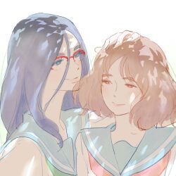 Rule 34 | 2girls, 55bata6rou, blue eyes, blue hair, blue neckerchief, blue sailor collar, brown eyes, brown hair, closed mouth, glasses, green neckerchief, hand on another&#039;s head, headpat, hibike! euphonium, highres, kitauji high school uniform, long hair, looking at another, multiple girls, neckerchief, oumae kumiko, over-rim eyewear, red-framed eyewear, sailor collar, school uniform, semi-rimless eyewear, short hair, simple background, smile, tanaka asuka, tree shade, upper body, white background