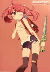 backpack bag bandaid bandaid_on_clothes bandaid_on_knee bandaid_on_leg blush blush_stickers bracelet covering_chest covering_nipples covering_privates embarrassed highres jewelry looking_at_viewer one_eye_closed randoseru red_background red_eyes red_hair school_swimsuit swimsuit thighhighs translated twintails umbrella watanabe_akio watanabe_akio_(style)