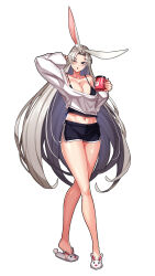 Rule 34 | 1girl, ;o, absurdres, alternate costume, animal ears, animal print, arm behind head, azur lane, bare legs, bare shoulders, black camisole, black shorts, blue eyes, blush, breasts, camisole, casual, cleavage, coffee mug, commentary, crop top, cropped shirt, crossed legs, cup, english commentary, full body, hand up, highres, hip focus, hiryuu (azur lane), hiryuu (meta) (azur lane), holding, holding cup, large breasts, legs, long hair, medium breasts, midriff, mug, navel, off-shoulder shirt, off shoulder, one eye closed, rabbit ears, rabbit girl, rabbit print, shirt, short shorts, shorts, solo, standing, teeth, thighs, upper teeth only, very long hair, waking up, white hair, white shirt, yawning, zer0z vi