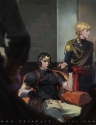 2boys alternate_costume black_eyes blonde_hair blurry braid chair depth_of_field earrings epaulettes fingerless_gloves giorno_giovanna gloves guido_mista hat highres jewelry jojo_no_kimyou_na_bouken krabat looking_at_viewer male_focus manly military military_uniform multiple_boys realistic shirt single_braid sitting t-shirt vento_aureo victory_rolls watermark web_address