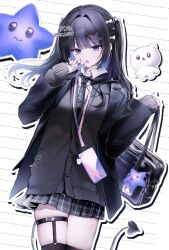 Rule 34 | 1girl, absurdres, artist name, bag, black cardigan, black hair, black jacket, black necktie, black skirt, black thighhighs, blue hair, bow, candy, cardigan, collar, collared shirt, colored inner hair, commentary, commission, demon tail, ear piercing, floating hair, food, hair bow, hair intakes, hair ornament, hairpin, hands up, heart, heart hair ornament, highres, holding, holding bag, holding candy, holding food, holding lollipop, jacket, kumo tabetai, light blush, lollipop, looking at viewer, multicolored hair, multiple hairpins, nail polish, necktie, open clothes, open collar, open jacket, open mouth, original, outline, phone, piercing, pleated skirt, purple eyes, purple nails, shirt, skeb commission, skirt, sleeves past wrists, solo, star (symbol), tail, teeth, thick outlines, thigh strap, thighhighs, thighs, two side up, white collar, white outline, white shirt, x hair ornament, zettai ryouiki