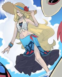 absurdres bikini bikini_under_clothes blue_sarong brown_hat cynthia_(pokemon) cynthia_(summer_2025)_(pokemon) flower flower_hat gen_3_pokemon hair_over_one_eye hat hat_flower highres milotic nintendo official_alternate_costume pokemon pokemon_(creature) pokemon_dppt pokemon_masters_ex sarong shirt straw_hat sun_hat swimsuit tied_shirt