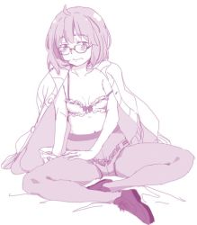10s 1girl bra breasts crotch_seam female_focus glasses indian_style kuriyama_mirai kyoukai_no_kanata monochrome navel panties panties_under_pantyhose pantyhose shoes short_hair sitting small_breasts solo touge_hiro underwear underwear_only