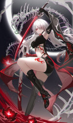 Rule 34 | 1girl, absurdres, acheron (honkai: star rail), armpits, black boots, black gloves, black shorts, black sky, boots, breasts, cape, chinese commentary, commentary request, crop top, elbow gloves, flower, gloves, highres, holding, holding sword, holding weapon, honkai: star rail, honkai (series), katana, large breasts, long hair, navel, red eyes, red flower, shorts, skeleton, sky, solo, stomach, sword, very long hair, weapon, white hair, wobujidaoa