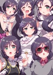 1girl absurdres alternate_hairstyle birthday blush breasts closed_eyes commentary cream_(nipakupa) earrings flower green_eyes grey_background hair_flower hair_ornament highres jewelry long_hair love_live! love_live!_school_idol_project low_ponytail low_twintails multiple_views one_eye_closed pink-framed_eyewear ponytail purple_hair sunglasses tojo_nozomi twintails upper_body
