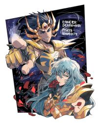 Rule 34 | 2boys, armor, black hair, blue eyes, blue hair, cancer death mask, character name, evil grin, evil smile, flower, forehead jewel, gem, glint, gold armor, gold cloth, gold helmet, gold saint, grin, holding, holding flower, kinako (462), long hair, looking at viewer, male focus, mole, mole under eye, multiple boys, outstretched arm, outstretched hand, parted lips, pauldrons, petals, pisces (zodiac), pisces aphrodite, pointing, pointing at viewer, powering up, red flower, red gemstone, red petals, red rose, rose, rose petals, saint seiya, short hair, shoulder armor, smile, spiked hair, trap, v-shaped eyebrows, zodiac