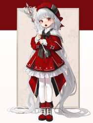1girl absurdres black_bow black_bowtie boots bow bowtie dress frilled_dress frills full_body hat highres holding holding_staff leviathan_(hikinito0902) loli long_hair looking_at_viewer original pantyhose red_dress red_eyes solo staff standing tam_o&#039;_shanter very_long_hair white_hair white_pantyhose