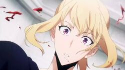 1girl animated blonde_hair blood cha_hae-in ponytail purple_eyes solo_leveling sound surprised tagme video