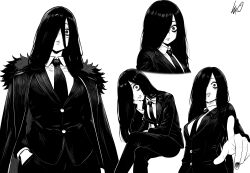 1girl bags_under_eyes black_hair black_suit business_suit commentary english_commentary formal_clothes ghost_girl greyscale hair_over_face hair_over_one_eye highres long_hair lughost monochrome necktie scar scar_on_face scar_on_lip scar_on_mouth shirt suit the_ring yamamura_sadako