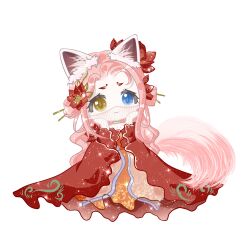 Rule 34 | 1girl, absurdres, animal ear fluff, animal ears, blue eyes, chinese hairpin, choker, closed mouth, deformed, double bun, eyelashes, facepaint, flower, forever bond (infinity nikki), fox ears, fox girl, fox tail, full body, gold choker, hair bun, hair flower, hair ornament, hairpin, hands on own cheeks, hands on own face, happy, heterochromia, highres, infinity nikki, light blush, light particles, long hair, long sleeves, looking ahead, lotus, mouth veil, multiple hairpins, nikki (series), orange hanfu, pink hair, red flower, red robe, robe, sidelocks, simple background, sitting, slit pupils, smile, solo, sparkle, string, tail, tareme, veil, very long hair, wavy hair, white background, white veil, wide sleeves, yellow eyes, zhizhizhizhizhizong