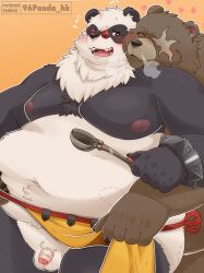 2boys 96panda absurdres animal_ears apron artist_name bara bare_pectorals bear_boy bear_ears belly ben_bigger biceps bite_mark black_fur blush bracelet brown_fur chinese_commentary closed_mouth commentary_request fanbox_username fat fat_man flaccid flying_sweatdrops foreskin furry furry_male hand_on_another&#039;s_stomach heart highres holding holding_ladle hug jewelry ladle looking_at_another male_focus multicolored_fur multiple_boys naked_apron navel nipples open_mouth pan_yinhu panda_boy panda_ears patreon_username pectorals penis round_eyewear scar scar_across_eye scar_on_face smile spiked_bracelet spikes steam_from_nose sweat sweatdrop testicles topless_male very_sweaty waist_apron white_fur yaoi zenless_zone_zero