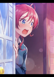 1girl ahoge blue_eyes blue_jacket blush breasts brick_wall bubble collar commentary_request day door hand_up jacket letterboxed long_sleeves looking_away love_live! love_live!_superstar!! medium_breasts open_door open_mouth red_hair school_uniform shamakho short_hair solo teeth upper_body upper_teeth_only wavy_mouth white_collar yoneme_mei yuigaoka_school_uniform