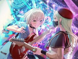 2girls 7-string_guitar bang_dream! bang_dream!_it&#039;s_mygo!!!!! beret black_capelet black_choker black_mask blue_eyes breasts capelet choker cleavage collar dithering earrings electric_guitar green_hair guitar hat heterochromia holding holding_plectrum instrument jewelry kaname_raana long_hair long_sleeves mask mortis_(bang_dream!) mortis_(costume)_(bang_dream!) mouth_mask multiple_girls official_art open_mouth plectrum red_hat shirt short_hair short_sleeves sweat third-party_source wakaba_mutsumi white_hair white_shirt yellow_eyes