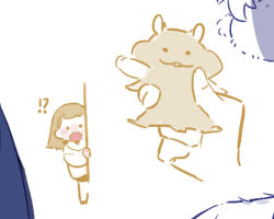 Rule 34 | !?, . ., 1girl, animal, braid, brown hair, commentary, d:, deformed, hamster, holding, holding animal, kachimachi kosuzu, link! like! love live!, long hair, love live!, open mouth, pipi (m1x mix), puffy cheeks, side braids, symbol-only commentary, virtual youtuber