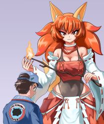 1boy 1girl black_hair black_leotard breasts brown_hair cleavage creatures_(company) delphox fox_girl game_freak gen_6_pokemon leotard nintendo personification pokemon