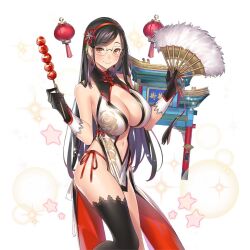 1girl bare_shoulders black_gloves black_hair blush breasts brown_eyes center_opening china_dress chinese_clothes cleavage cleavage_cutout closed_mouth clothing_cutout covered_erect_nipples covered_navel dress earrings elbow_gloves flower folding_fan glasses gloves hair_ornament hairband hand_fan hera_(uchi_no_hime-sama) holding holding_fan jewelry large_breasts lips long_hair looking_at_viewer mole navel navel_cutout no_panties non-web_source panties parted_bangs pelvic_curtain popqn revealing_clothes ribbon shiny_skin side-tie_panties side_slit sideless_outfit simple_background skindentation sleeveless sleeveless_dress smile solo sparkle standing star_(symbol) swept_bangs tassel thighhighs thighs uchi_no_hime-sama_ga_ichiban_kawaii underwear very_long_hair white_background white_dress yellow_eyes