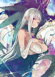 1girl biscione_(fate) biscione_(third_ascension)_(fate) breasts chest_jewel choker cleavage closed_mouth collarbone crown dragon_girl dragon_horns dragon_tail dress fate/grand_order fate_(series) fingernails game_cg green_choker green_dress green_tail hands_on_own_chest hood hood_up hooded_dress horns imigimuru large_breasts long_hair long_pointy_ears long_sidelocks looking_at_viewer mini_crown official_art picture_frame pointy_ears portrait_(object) purple_nails red_eyes sidelocks single_bare_shoulder single_sidelock smile solo tail third-party_source two-tone_dress upper_body very_long_hair very_long_sidelocks white_hair white_horns white_scales