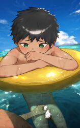 2boys absurdres bar_censor black_hair blue_sky blush censored cloud completely_nude green_eyes handjob highres innertube male_focus multiple_boys navel nude original outdoors partially_submerged penis pinku0511 shota sky swim_ring testicles water wet yaoi