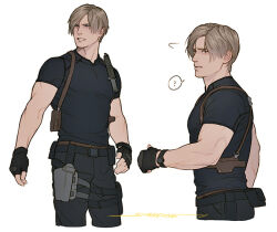 Rule 34 | 1boy, ?, artist name, belt, black belt, black gloves, black pants, blonde hair, blue eyes, cropped legs, fingerless gloves, gloves, holster, leon s. kennedy, male focus, motion lines, multiple views, pants, parted hair, parted lips, resident evil, resident evil 4, sardine (kjr0313), shoulder holster, simple background, speech bubble, spoken question mark, teeth, thigh belt, thigh holster, thigh strap, veins, veiny arms, watch, white background, wristwatch