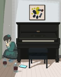 1girl animated animated_gif black_hair bob_cut bottle dress female_focus green_dress hair_ornament highres indoors instrument original peco-pech piano piano_bench pixel_art short_hair solo squatting tablet_pc wooden_floor