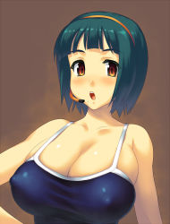1girl blush breasts cleavage collarbone competition_school_swimsuit covered_erect_nipples female_focus green_hair headset highres huge_breasts idolmaster idolmaster_(classic) microphone mole mole_under_mouth no_bra one-piece_swimsuit open_mouth orange_eyes otonashi_kotori school_swimsuit shirt short_hair solo swimsuit taut_clothes taut_shirt upper_body yn_red