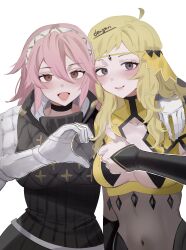 Rule 34 | 2girls, :d, absurdres, arm around shoulder, artist name, black choker, blonde hair, blush, breasts, choker, circlet, closed mouth, covered navel, fire emblem, fire emblem fates, gambeson, gloves, hair between eyes, heart hands failure, highres, long hair, looking at viewer, multiple girls, nintendo, open mouth, ophelia (fire emblem), pink hair, sakuramotikun, smile, soleil (fire emblem), thumbs up, upper body, white gloves, yuri