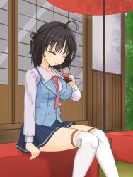 1girl ^_^ ahoge arm_at_side black_hair black_skirt blue_vest blush breasts buttons closed_eyes closed_mouth collared_shirt commentary_request cup day double-breasted drinking drinking_straw feet_out_of_frame hair_between_eyes hair_bun hair_ornament hair_stick half_updo hand_up happy hitachi_mako holding holding_cup impossible_clothes kanzashi knees_together_feet_apart large_breasts long_sleeves medium_hair miniskirt necktie official_alternate_costume official_alternate_hairstyle oil-paper_umbrella one_side_up outdoors pleated_skirt red_necktie senren_banka shirayamakoma shirt single_side_bun sitting skirt smile solo split_mouth straight_hair thigh_strap thighhighs umbrella variant_set vest white_shirt white_thighhighs zettai_ryouiki