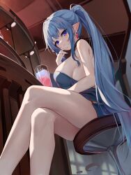 1girl absurdres aoria bare_arms bare_shoulders black_choker blue_dress blue_eyes blue_hair breasts chair choker closed_mouth commentary commission crossed_legs cup dress drinking_glass earrings fingernails from_below highres jewelry large_breasts long_fingernails long_hair long_sidelocks looking_at_viewer microdress nail_polish on_chair original pointy_ears ponytail sidelocks sitting thighs
