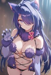 Rule 34 | 1girl, acheron (honkai: star rail), ahoge, animal ears, bell, breasts, brown background, claws, cosplay, detached sleeves, earrings, fake animal ears, fate (series), gold, gradient background, groping motion, highres, honkai: star rail, honkai (series), jewelry, large breasts, long hair, mash kyrielight, mash kyrielight (dangerous beast), navel, one eye covered, purple eyes, purple hair, raaivault