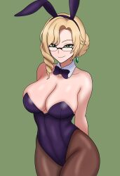 Rule 34 | 1girl, absurdres, animal ear hairband, animal ears, arms behind back, bare shoulders, black bow, black bowtie, black leotard, blonde hair, bojack198, bow, bowtie, breasts, brown pantyhose, cleavage, closed mouth, curvy, detached collar, earrings, fake animal ears, glynda goodwitch, green background, green eyes, hairband, highres, jewelry, large breasts, leotard, mature female, pantyhose, playboy bunny, rabbit ear hairband, rabbit ears, rwby, simple background, single earring, smile, solo