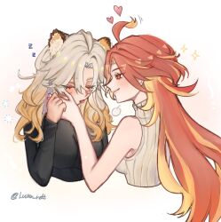 2girls ahoge animal_ears armpit_peek artist_name blonde_hair braid breasts commentary english_commentary eyebrows_hidden_by_hair eyes_visible_through_hair genshin_impact hand_on_another&#039;s_face heart jaguar_ears jaguar_girl jaguar_tail large_breasts lips lipstick long_hair long_sleeves looking_at_another luluce makeup mavuika_(genshin_impact) medium_breasts multicolored_eyes multicolored_hair multiple_girls orange_eyes orange_hair red_lips shirt signature sleeveless sleeveless_shirt sleeveless_turtleneck smile sparkle speech_bubble streaked_hair tail tongue tongue_out turtleneck turtleneck_shirt very_long_hair white_background xilonen_(genshin_impact) yuri