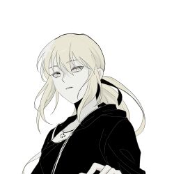 Rule 34 | 1girl, artoria pendragon (fate), black hoodie, blonde hair, breasts, commentary request, fate/grand order, fate (series), hair ribbon, highres, hood, hoodie, jewelry, kassia, korean commentary, medium breasts, necklace, ponytail, ribbon, saber alter, saber alter (ver. shinjuku 1999), solo, upper body, yellow eyes