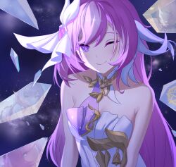 1girl ;) bare_shoulders breasts cleavage commentary_request corset crystal_shards diamond-shaped_pupils diamond_(shape) elysia_(herrscher_of_human:_ego)_(honkai_impact) elysia_(honkai_impact) hair_ornament highres honkai_(series) honkai_impact_3rd large_breasts long_hair one_eye_closed pink_hair purple_eyes shiro_hi_(3065880690) sky smile solo star_(sky) starry_sky symbol-shaped_pupils triquetra very_long_hair white_corset