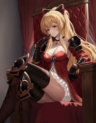 1girl black_thighhighs blonde_hair boots bow breasts brown_boots cleavage commentary_request crossed_legs detached_collar dress gauntlets granblue_fantasy hair_bow haruyuki_(karem) indoors knee_boots large_breasts long_hair looking_at_viewer parted_lips ponytail red_dress red_eyes short_dress sitting smile solo thighhighs throne vira_(granblue_fantasy)