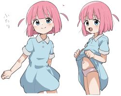 1girl blue_dress blue_eyes bocchi_the_rock! closed_mouth clothes_lift cropped_legs dress dress_lift gotoh_futari highres lifting_own_clothes loli multiple_views navel open_mouth panties pink_hair short_dress short_hair short_sleeves simple_background smile taitanic6242 two_side_up underwear white_background white_panties