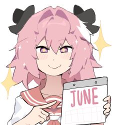 1boy astolfo_(fate) astolfo_(sailor_paladin)_(fate) blush calendar_(object) devijohn fang fate/grand_order fate_(series) pink_hair sailor_collar school_uniform skin_fang sparkle sparkling_eyes trap white_background