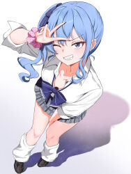 1girl absurdres aresiasitennou black_shoes blue_bow blue_bowtie blue_eyes blue_hair bow bowtie breasts collarbone from_above full_body grey_skirt grin gyaru highres hololive hoshimachi_suisei kogal loose_socks miniskirt one_eye_closed plaid_clothes plaid_skirt school_uniform scrunchie serafuku shirt shoes side_ponytail skirt small_breasts smile socks solo star_(symbol) star_in_eye symbol_in_eye teeth v v-shaped_eyebrows virtual_youtuber white_shirt white_socks wrist_scrunchie